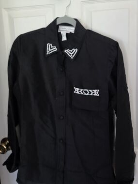 DIANE GILMAN Vintage Black Silk Button-Up with White Embroidered Beading NWOT